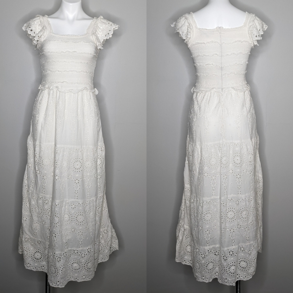 Sea New York white floral & burst pattern eyelet lace smocked dress 8